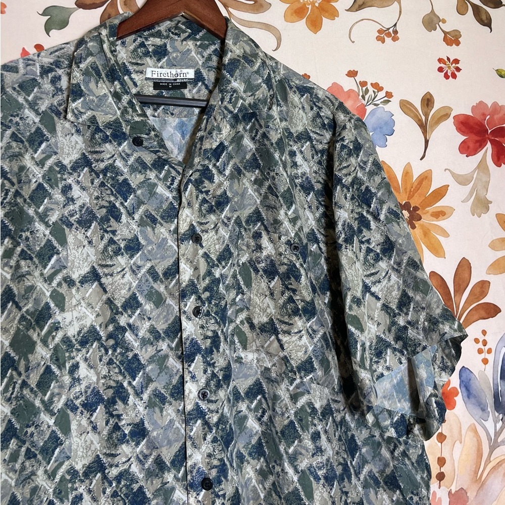 Firethorn Mens M Unisex Adult Green Nature Print 100% Silk Button Down Shirt